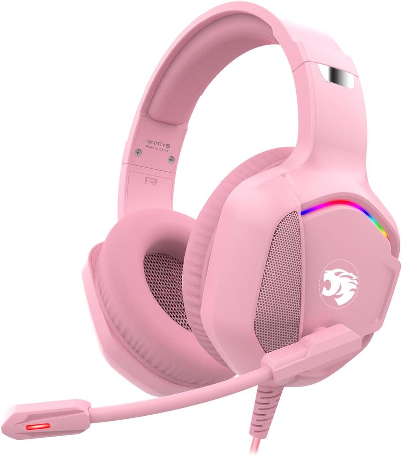 IMYB Gaming Headset with Microphone for Pc, Xbox One Series X/s, Ps4, Ps5, Switch, Stereo Wired Noise Cancelling Over-Ear Headphones with Mic, RGB, for Computer, Laptop, Mac, Nintendo, Gamer (Pink) - Image 1